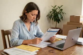 Femme remplissant des formulaires administratifs de changement d'adresse à une table en bois avec des documents officiels et un ordinateur portable