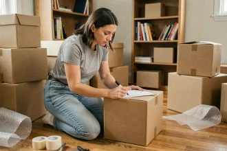 Femme organisant et étiquetant des cartons de déménagement dans un appartement partiellement vidé