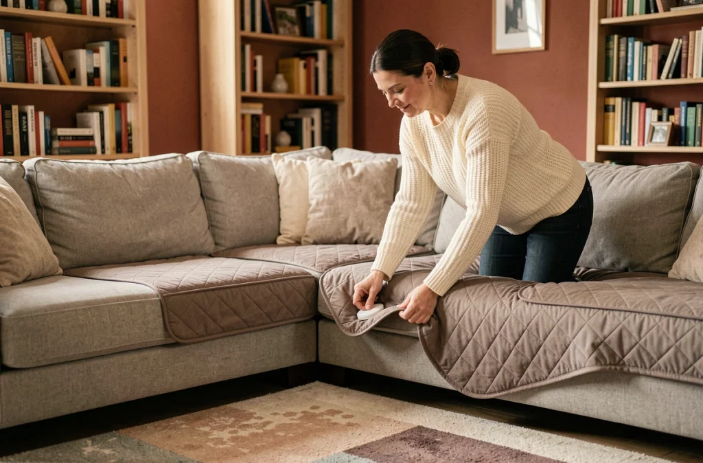Femme installant un protège canapé angle matelassé taupe sur un canapé d'angle dans un salon familial chaleureux