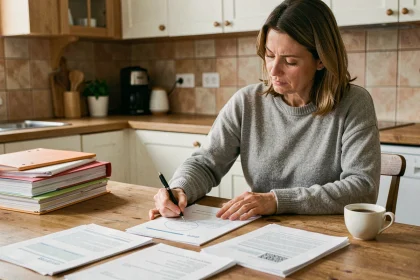 Femme organisant ses contrats et abonnements essentiels à la table de cuisine avant un transfert