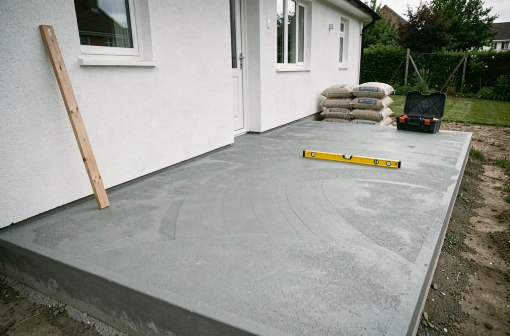 Dalle béton finalisée en autoproduction avec règle de maçon et niveau à bulle sur terrasse maison individuelle