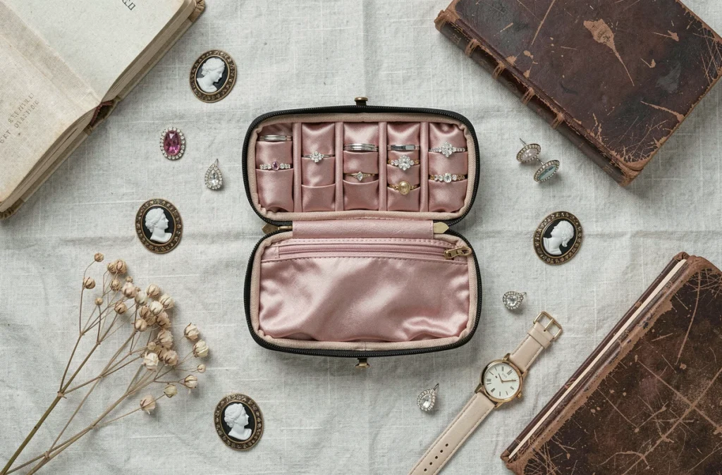 Flat lay d'une trousse à bijoux rétro ouverte en satin rose avec broches vintage et boucles d'oreilles en strass sur lin