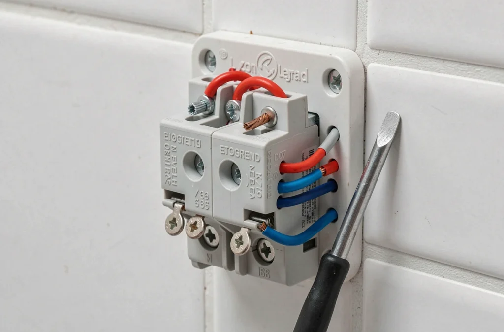 Gros plan sur les bornes de raccordement d'un interrupteur Legrand double va-et-vient avec fils phase et navettes colorés