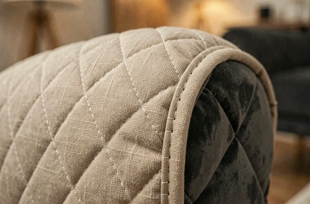 Gros plan sur le tissu matelassé d'un protège canapé angle beige avec détail de coutures en losanges