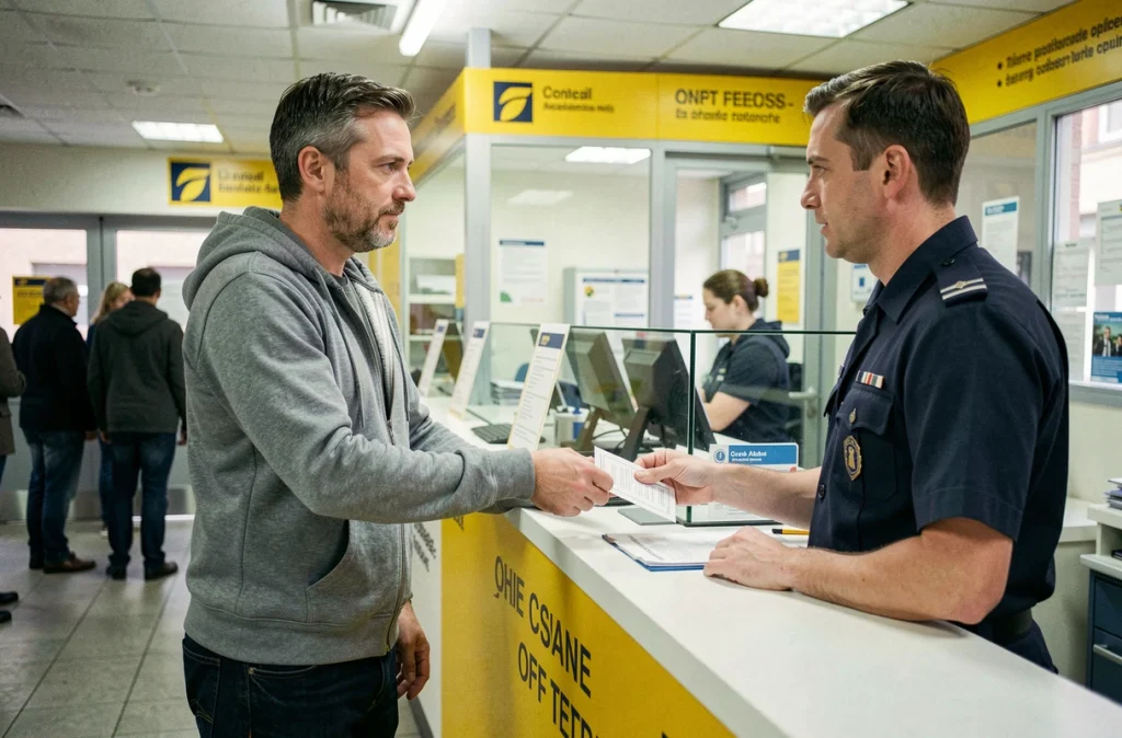 Homme déposant un formulaire de changement d'adresse au guichet d'un bureau de poste français