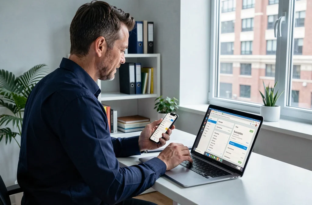 Homme gérant ses abonnements en ligne depuis son bureau à domicile avec ordinateur et smartphone