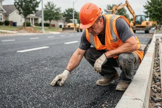 Ouvrier inspectant la texture d'un enrobé bitumineux noir fraîchement posé sur un chantier de voirie urbaine
