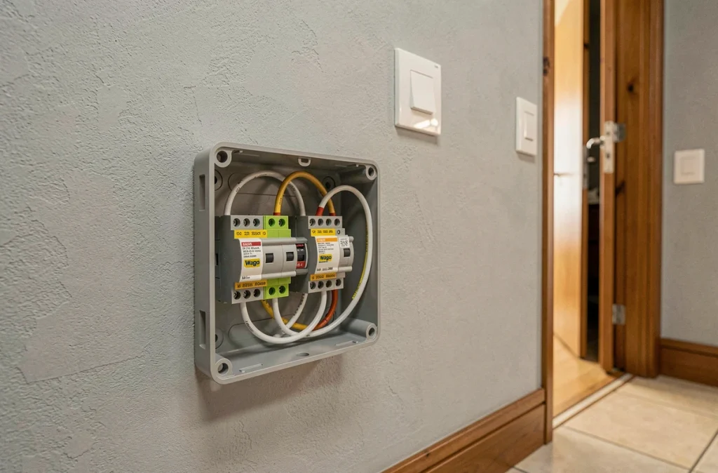 Installation terminée d'un va-et-vient avec connecteurs Wago dans boîte de dérivation murale et interrupteurs visibles en fond