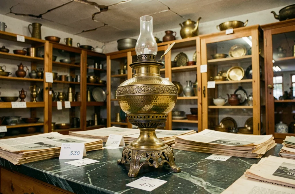 Lampe à pétrole en laiton ancienne avec base filigranée posée sur marbre vert dans une boutique antiquaire française avec étiquettes de prix visibles