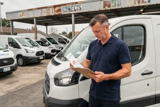 Un professionnel consulte des documents de location devant une rangée de véhicules utilitaires blancs dans un parking d'agence de location
