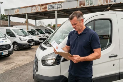 Un professionnel consulte des documents de location devant une rangée de véhicules utilitaires blancs dans un parking d'agence de location