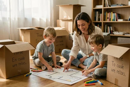 Mère et enfants préparant ensemble les cartons de déménagement avec bonne humeur