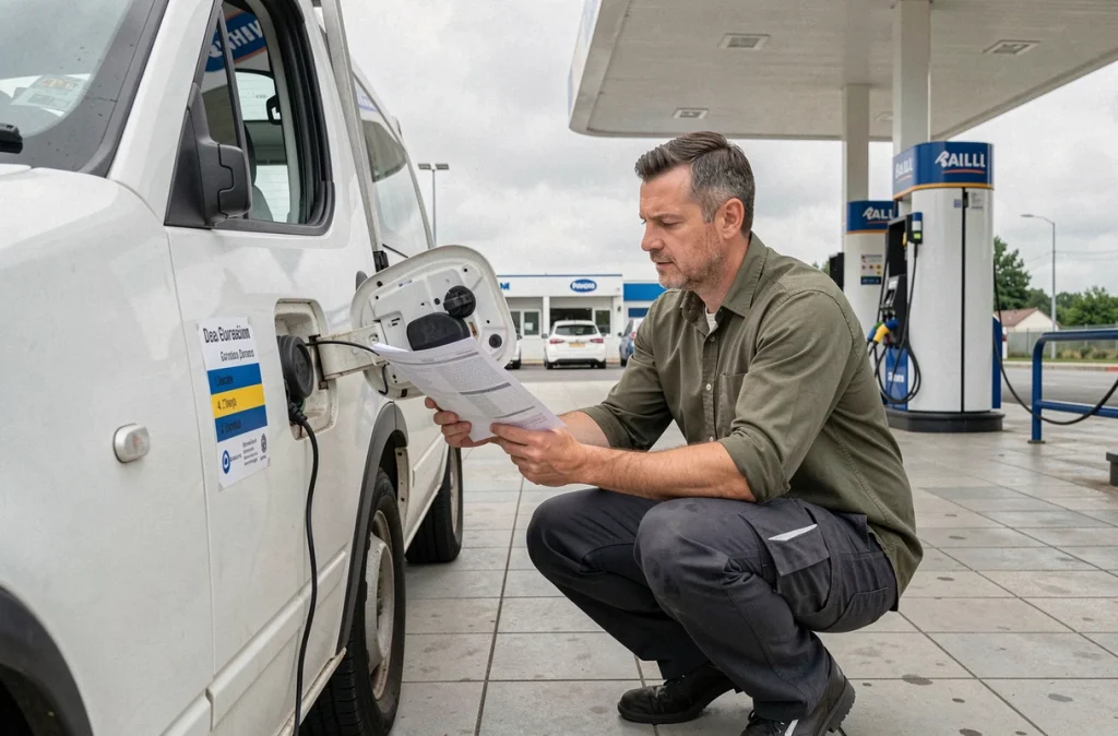 Un homme compare une fiche de consommation de carburant avec les spécifications d'un utilitaire à une station-service, avec une borne électrique visible en arrière-plan