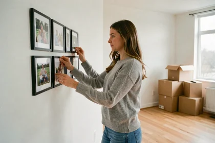 Femme arrangeant des photos de famille sur le mur de son nouveau logement vide