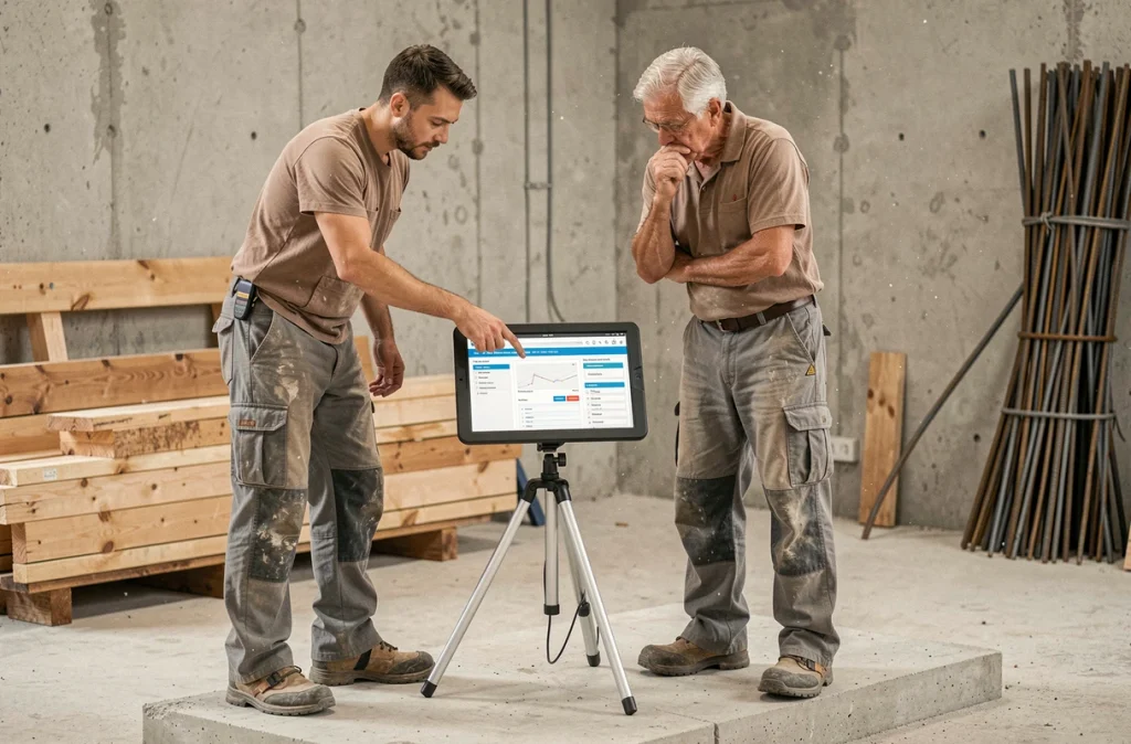 Deux ouvriers du bâtiment consultant un site d'informations sur tablette numérique sur un chantier en cours pour planifier les travaux