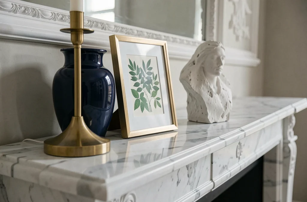 Vignette décorative sur une cheminée en marbre avec vase bleu marine, bougeoir en laiton brossé et sculpture en plâtre blanc cassé