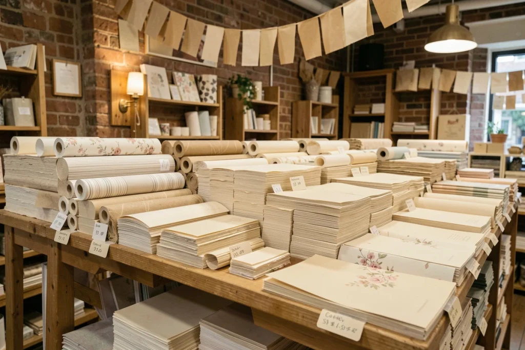 Étagère d'une papeterie artisanale présentant du papier beige imprimé et uni en rouleaux et en feuilles
