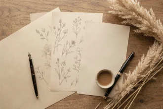 Vue à plat de feuilles de papier beige imprimé et uni sur un bureau en bois avec stylo plume et café