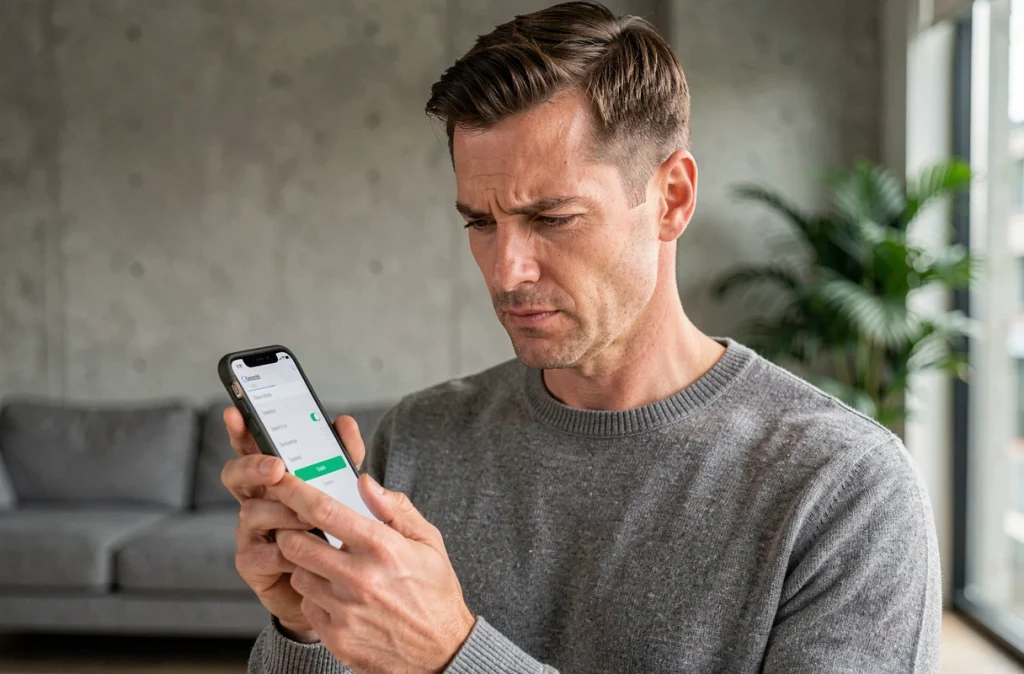 Homme consultant les paramètres de sécurité d'une application mobile immobilière dans un appartement moderne, bonnes pratiques protection des données personnelles