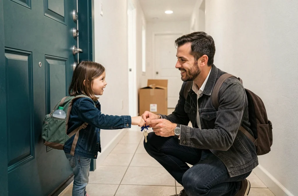 Père remettant une clé de maison à sa fille devant leur nouvelle porte d'appartement