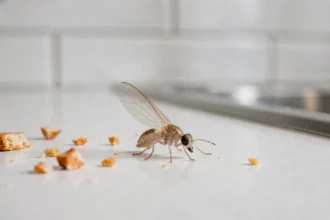 Gros plan sur un petit insecte transparent posé sur un plan de travail de cuisine en céramique blanche