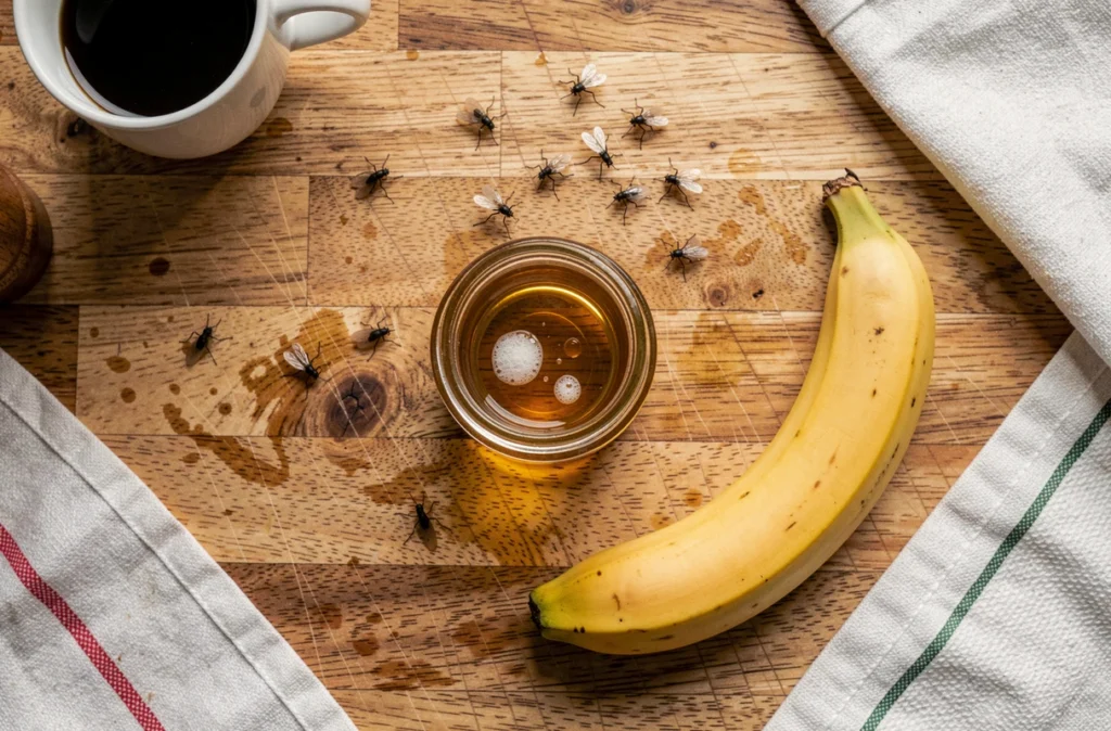 Piège artisanal au vinaigre de cidre dans un bocal en verre posé sur un plan de travail en bois pour attraper les insectes transparents