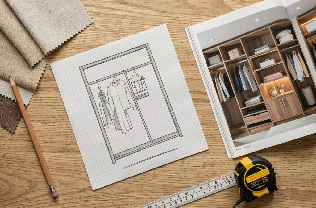 Plan de conception d'un dressing pour studio posé sur un bureau en bois avec échantillons de tissus et mètre ruban