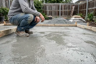 Homme posant une dalle béton en faisant soi-même dans un jardin résidentiel avec coffrage bois