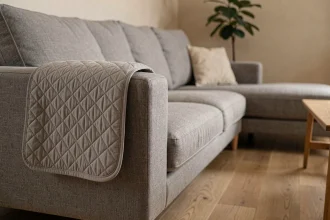 Protège canapé angle en tissu matelassé posé sur un canapé d'angle gris dans un salon scandinave moderne