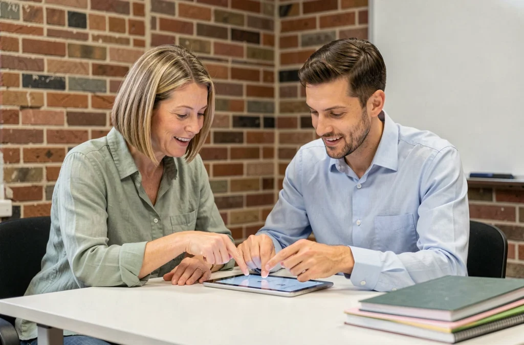 Deux professionnels examinant ensemble les paramètres de sécurité d'une application mobile immobilière sur tablette dans un espace de co-working, meilleures pratiques sécurisation des données