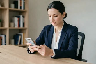 Femme utilisant une application mobile de gestion immobilière sur smartphone dans un bureau à domicile, illustrant les bonnes pratiques de sécurité des données