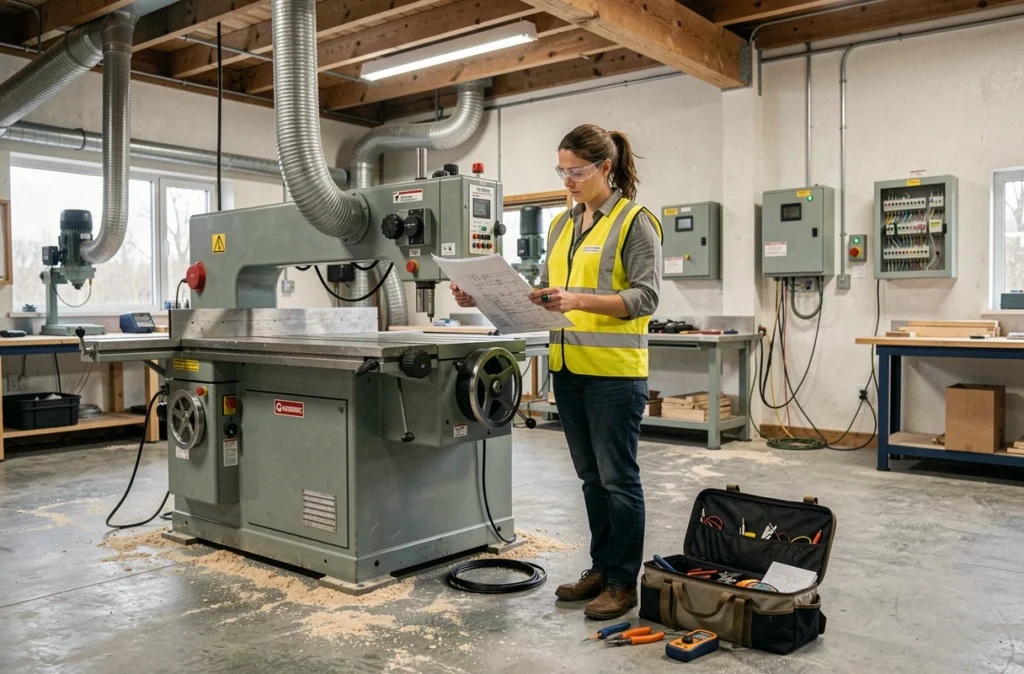 Technicienne électrique consultant un schéma de câblage triphasé avant le démarrage d'une machine-outil