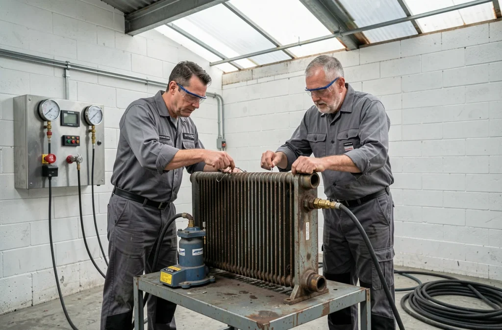 Deux techniciens réalisant un test de pression hydraulique sur un radiateur en fonte d'occasion dans un atelier de reconditionnement