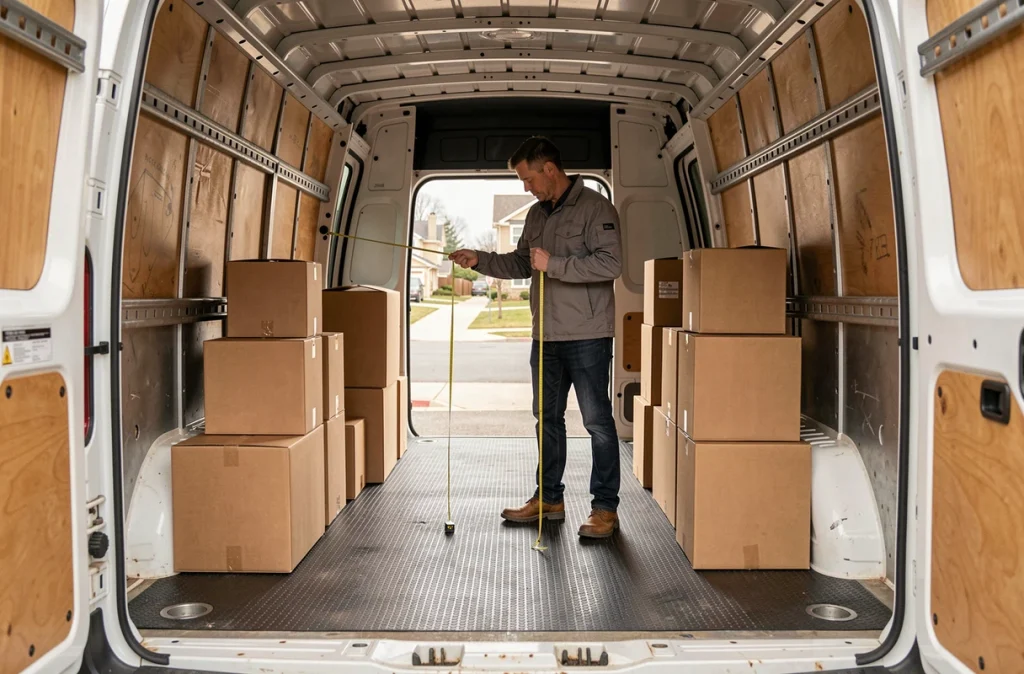 Un homme mesure le volume intérieur en mètres cubes d'un fourgon utilitaire avec un mètre ruban, entouré de cartons
