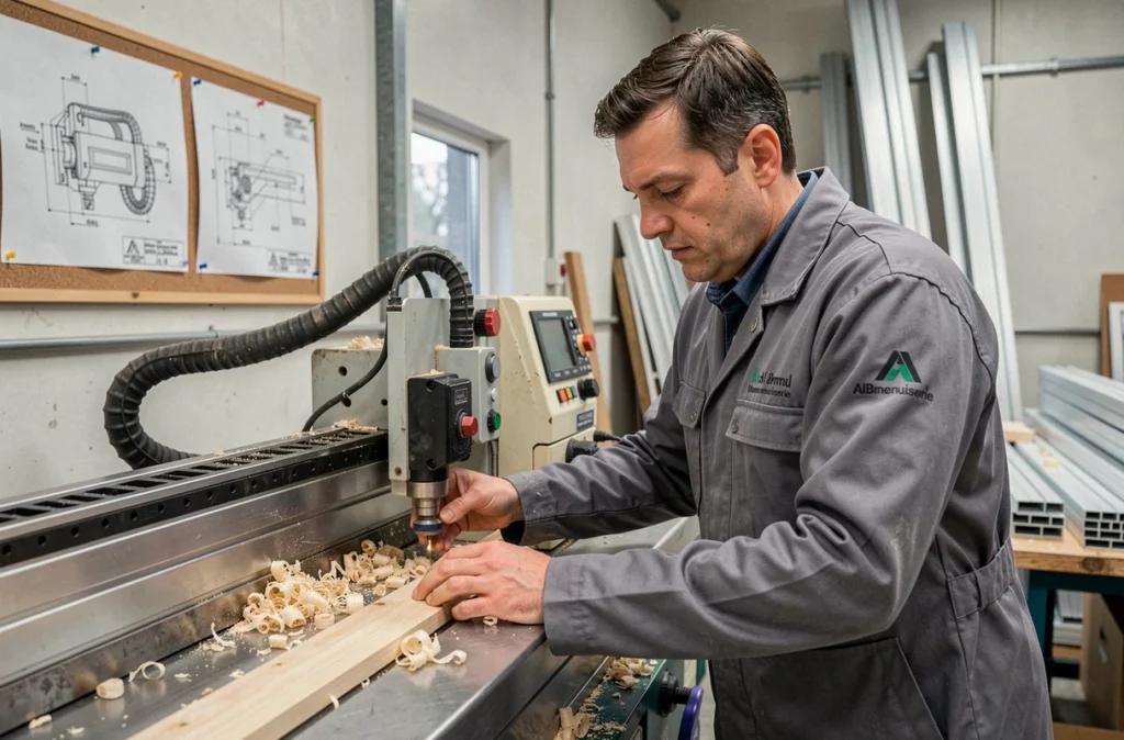 Artisan d'AIBmenuiserie utilisant une machine CNC de précision dans un atelier industriel moderne