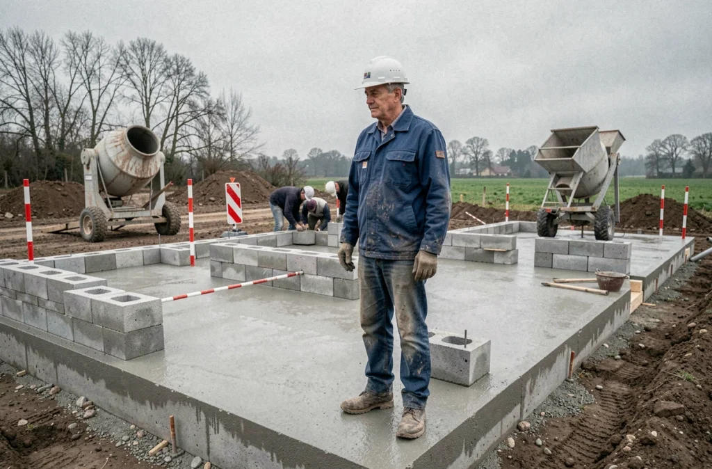 Chef de chantier supervisant la construction d'une fondation en béton sur un chantier rural pour ALP Construction dans la Nièvre
