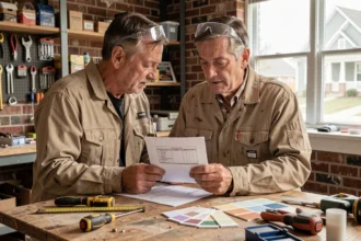 Artisan en veste de chantier examinant un devis de travaux sur un bureau encombré d'outils dans un atelier réaliste