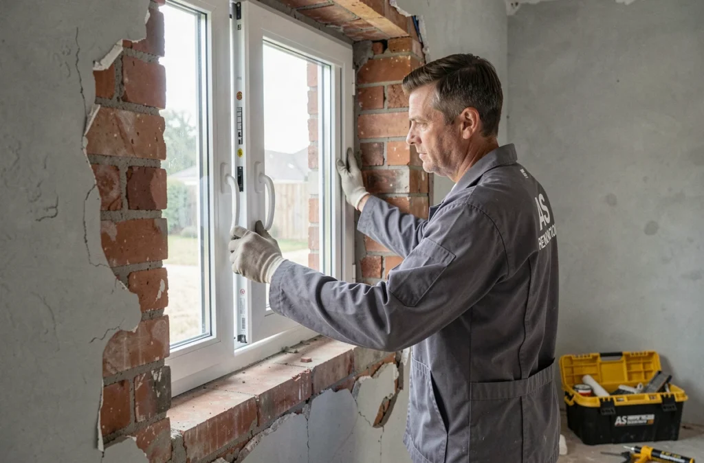 Spécialiste AS Renovation 76 posant une fenêtre double vitrage dans un mur d'une maison en cours de rénovation