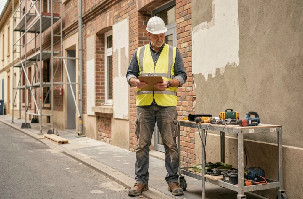 Chef de chantier professionnel devant une façade en rénovation pour Bâtiment Travaux Services 58 à Nevers