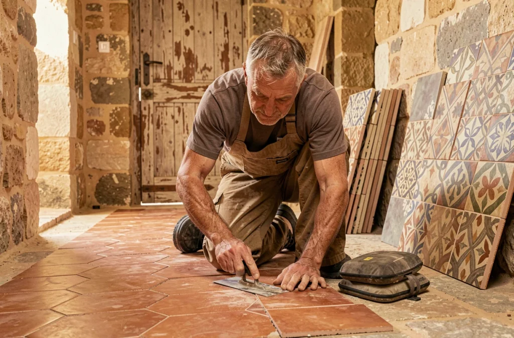 Carreleur à Clermont-l'Hérault posant des carreaux de ciment hexagonaux dans le couloir d'une maison en pierre ancienne