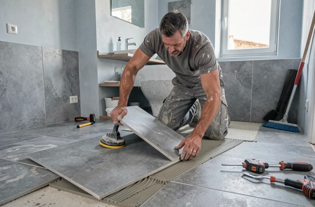 Carreleur à Frontignan posant de grands carreaux en grès cérame dans une salle de bain de villa côtière