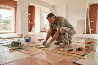 Carreleur professionnel posant du carrelage dans une maison moderne de l'Hérault