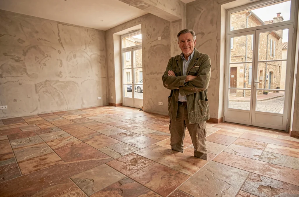 Carreleur à Lodève inspectant un sol en carrelage effet pierre fraîchement posé dans un local commercial rénové