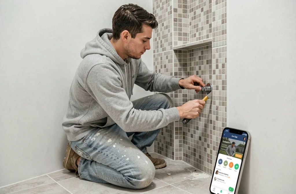 Carreleur indépendant à Montpellier trouvé via Allovoisins posant une mosaïque dans une niche de douche