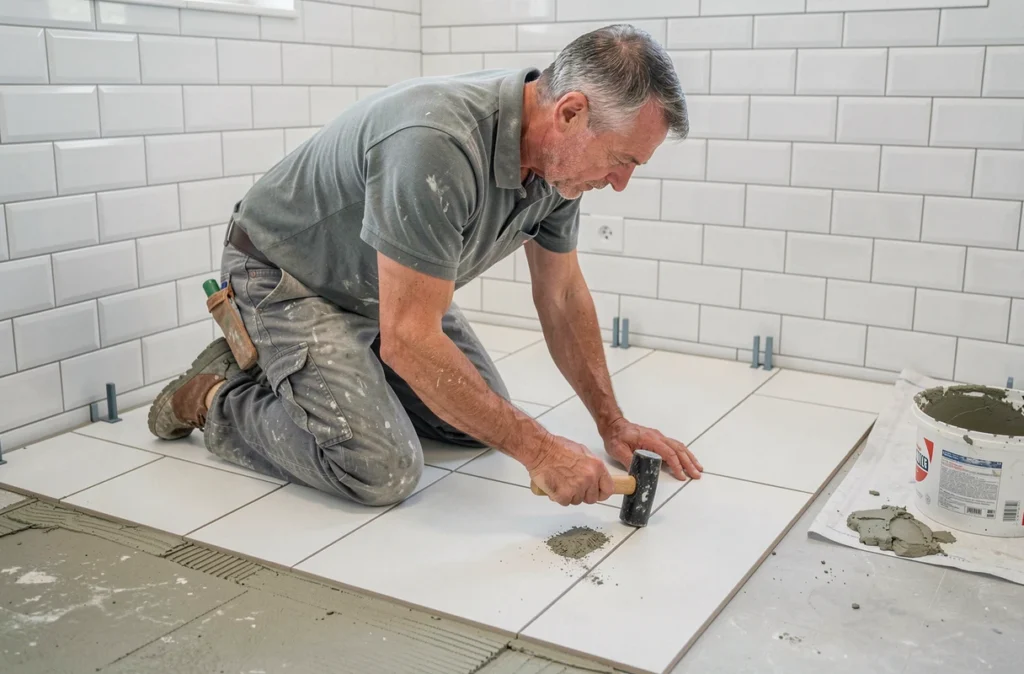 Carreleur posant du carrelage grand format dans une salle de bain rénovée pour Cerasol dans la Nièvre