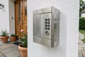 Coffre clé mural en acier inoxydable avec clavier numérique installé sur façade de maison résidentielle