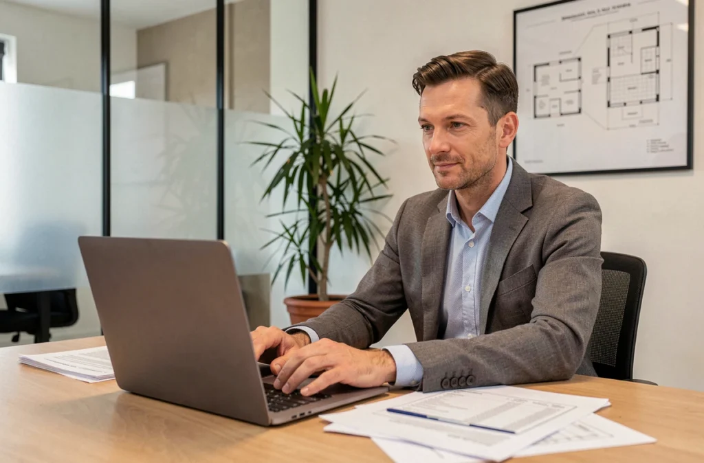Entrepreneur consultant des devis de rénovation sur ordinateur portable dans un bureau professionnel pour Compte Pro dans la Nièvre