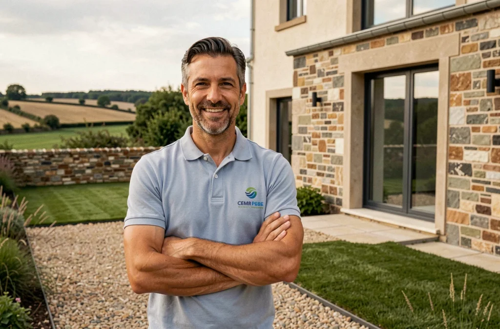 Professionnel de la construction devant une extension résidentielle moderne achevée pour Construction Dogan dans la Nièvre