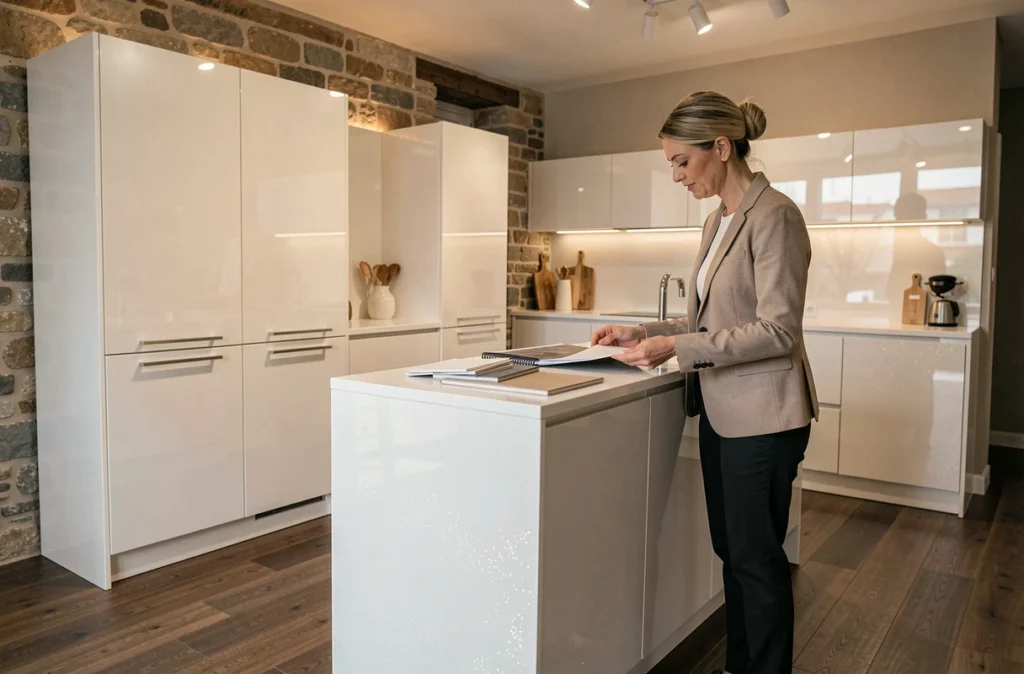 Cuisine Plexi Perle de Cuisines Mentele à Strasbourg avec armoires nacrées translucides et designer présentant des échantillons