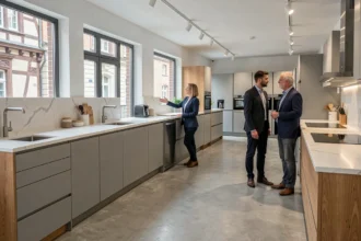 Showroom de cuisinistes à Strasbourg avec plusieurs cuisines aménagées exposées et une designer conseil accompagnant des clients
